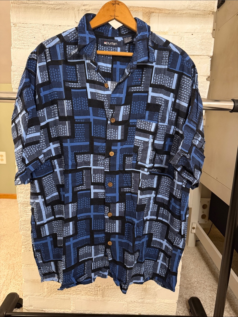 Puritan Blue Patterned Short-Sleeve Button-Down Shirt